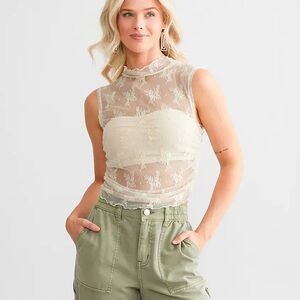 NWT! Free People (S) Sheer Floral Appliqué High Neck Layering Tank Top in Cream